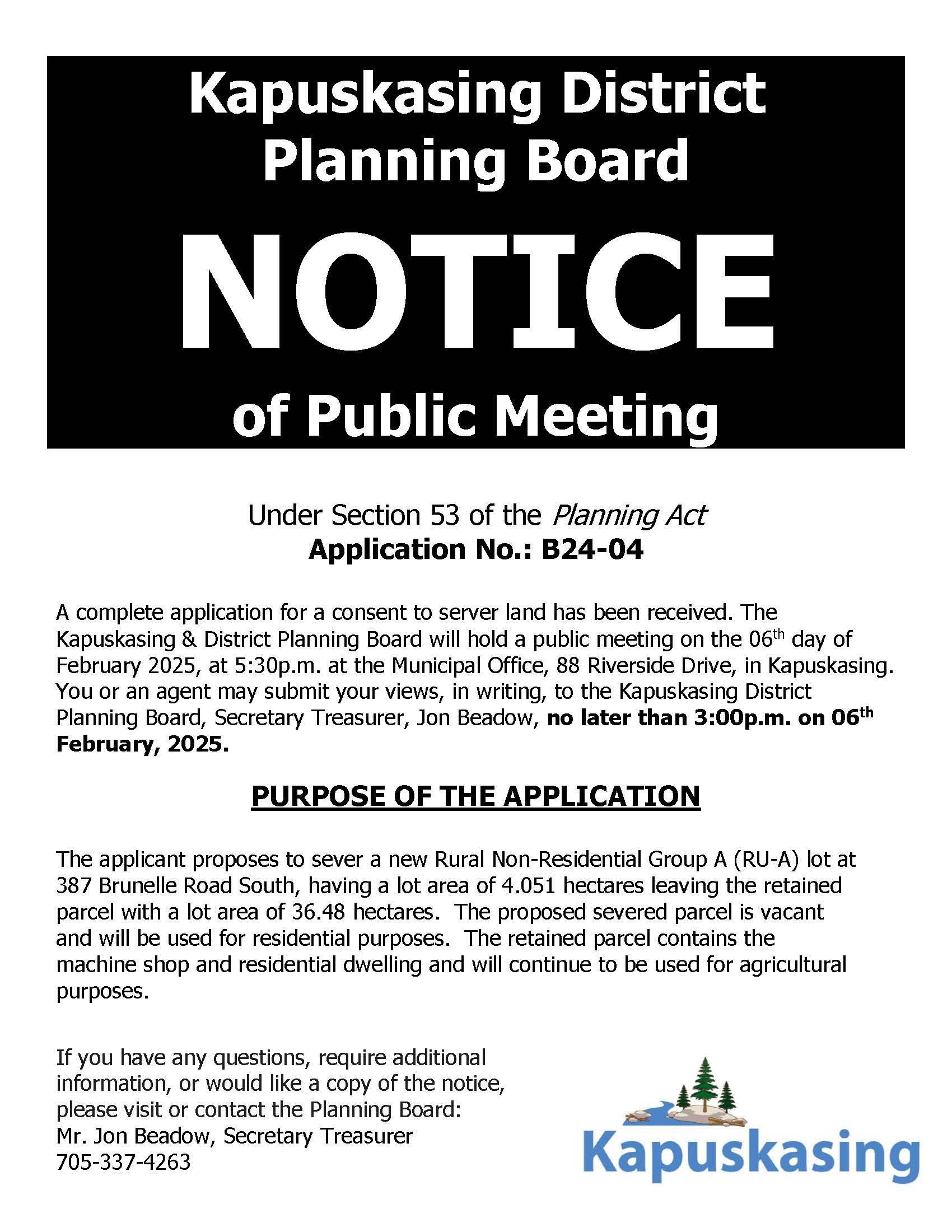 Kapuskasing District Planning Board - Notice of Public Meeting